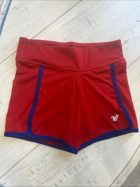 Girls Varsity Cheer Red Athletic Shorts with Blue Trim